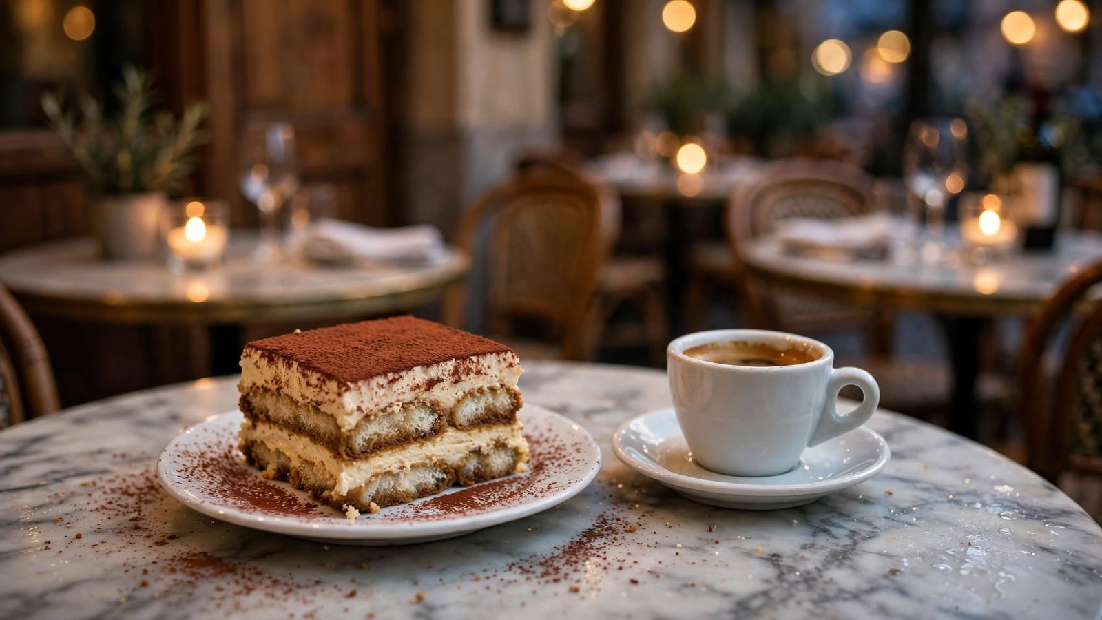 A square of tiramisù dusted with cocoa on a marble table beside a small cup of espresso