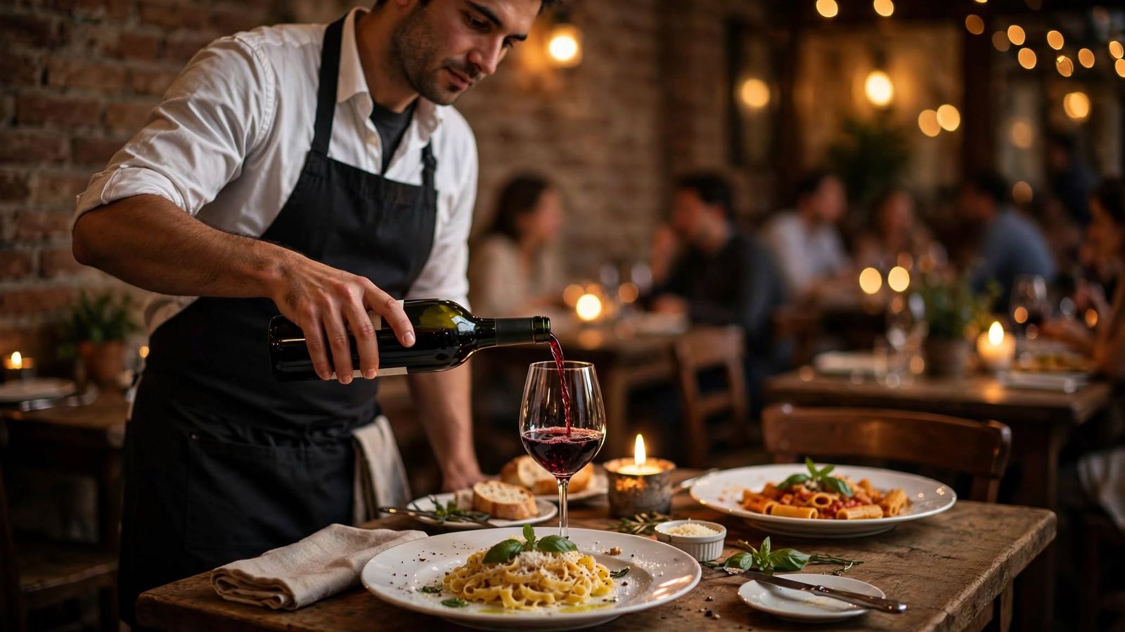 A server in a black apron pouring red wine into a glass beside plates of fresh pasta in the candle-lit dining room
