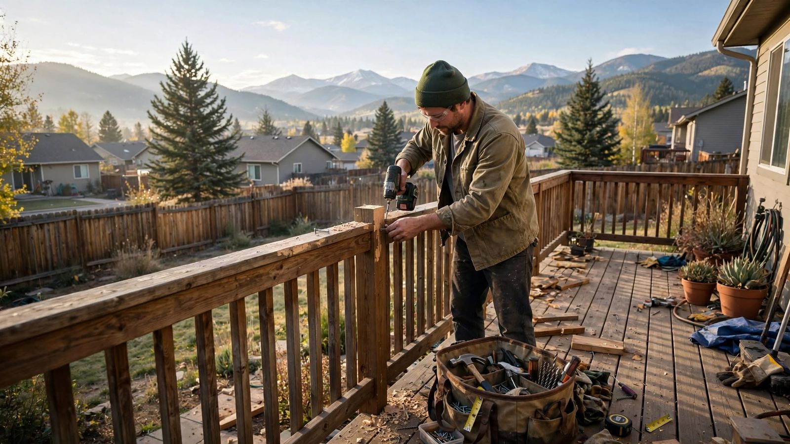 Handyman tightening a new post on a wooden deck railing with the mountains in the background
