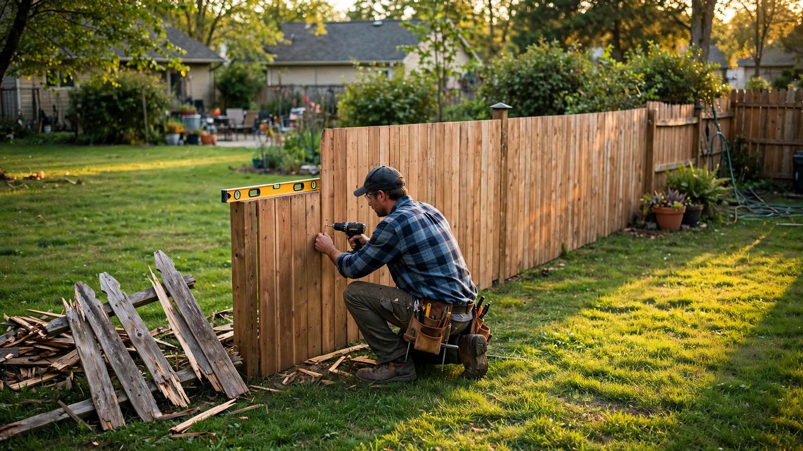 Handyman screwing new cedar pickets onto a backyard fence, the broken old boards stacked on the lawn