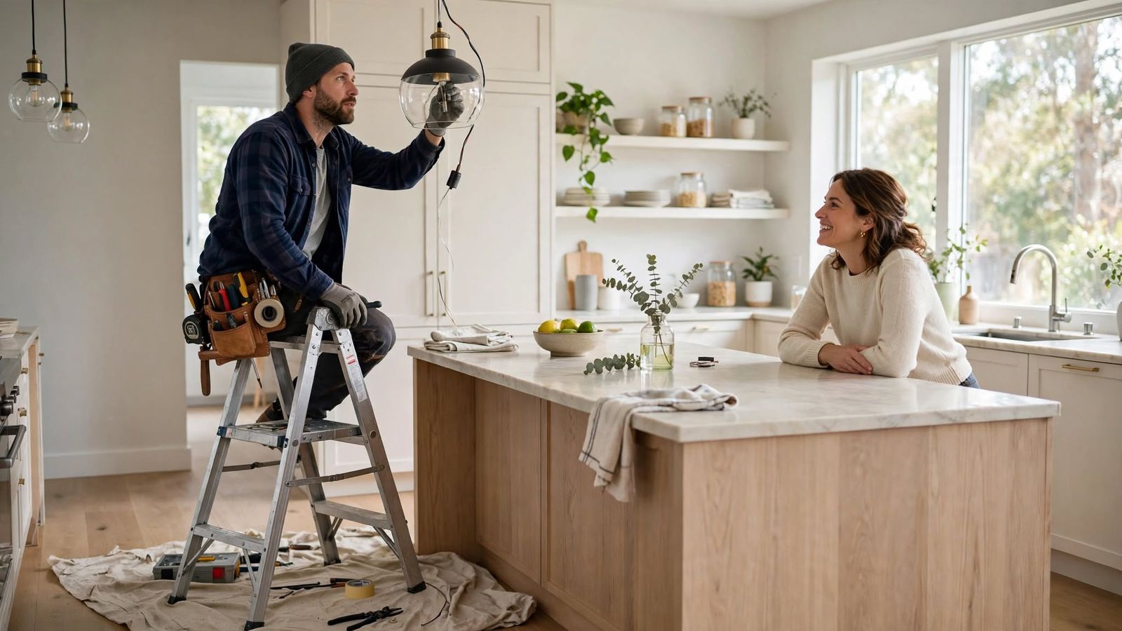 Two Rivers handyman on a stepladder hanging a glass pendant light over a kitchen island while the homeowner looks on