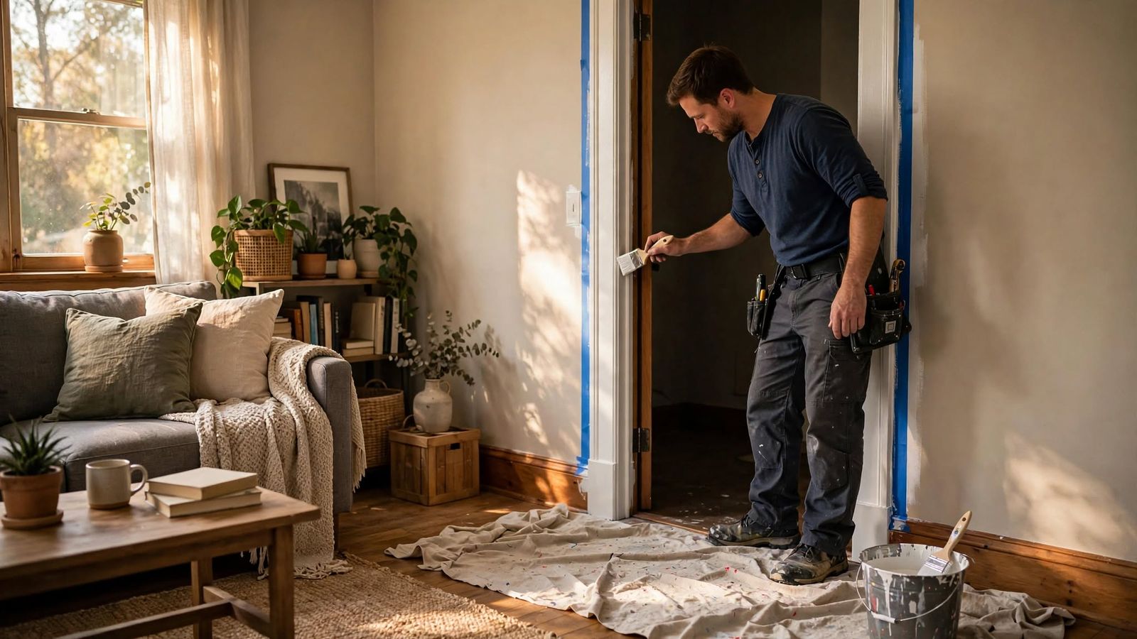 Handyman brushing fresh paint onto door trim, floor covered with a drop cloth