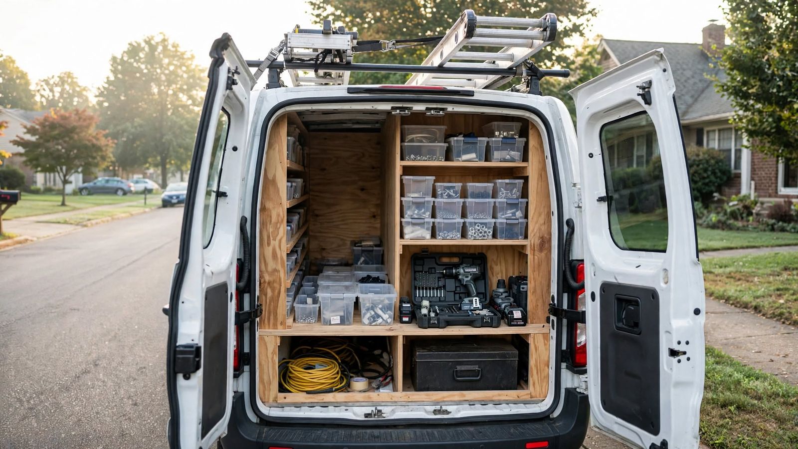 Back of a white work van with plywood shelves, clear bins of fasteners, a cordless drill kit, an extension cord and a ladder on the roof rack