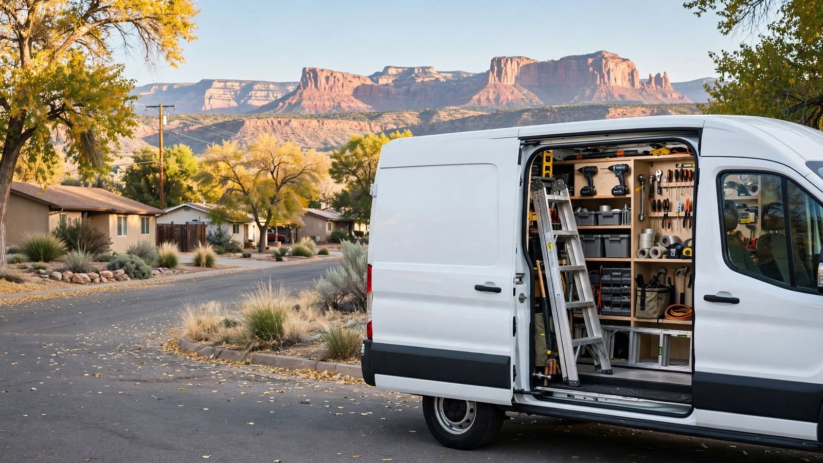A white work van parked on a quiet residential street with red sandstone mesas behind